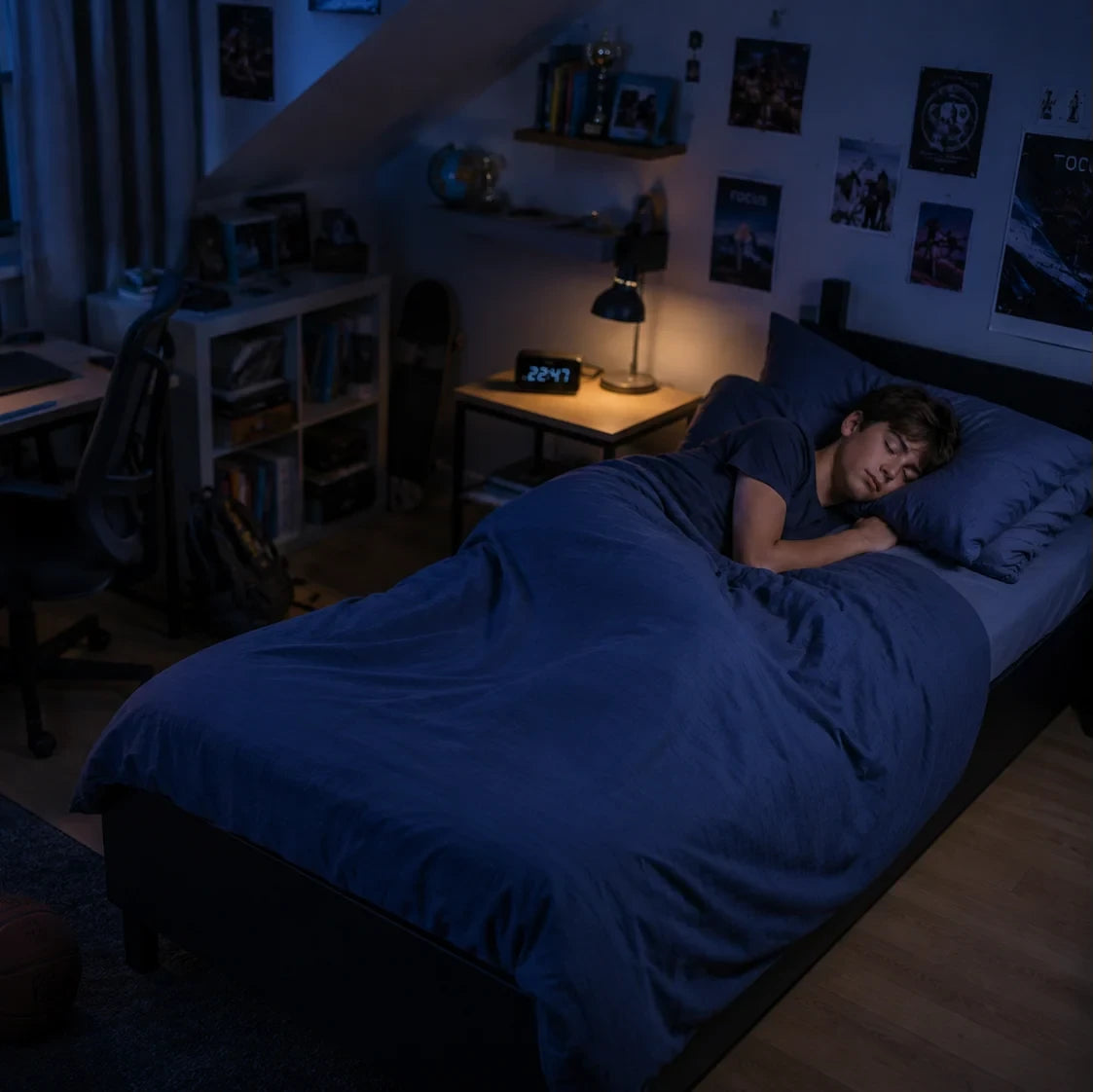 Ragazzo adolescente che dorme nel suo letto con le mutandine assorbenti per l'enuresi notturna